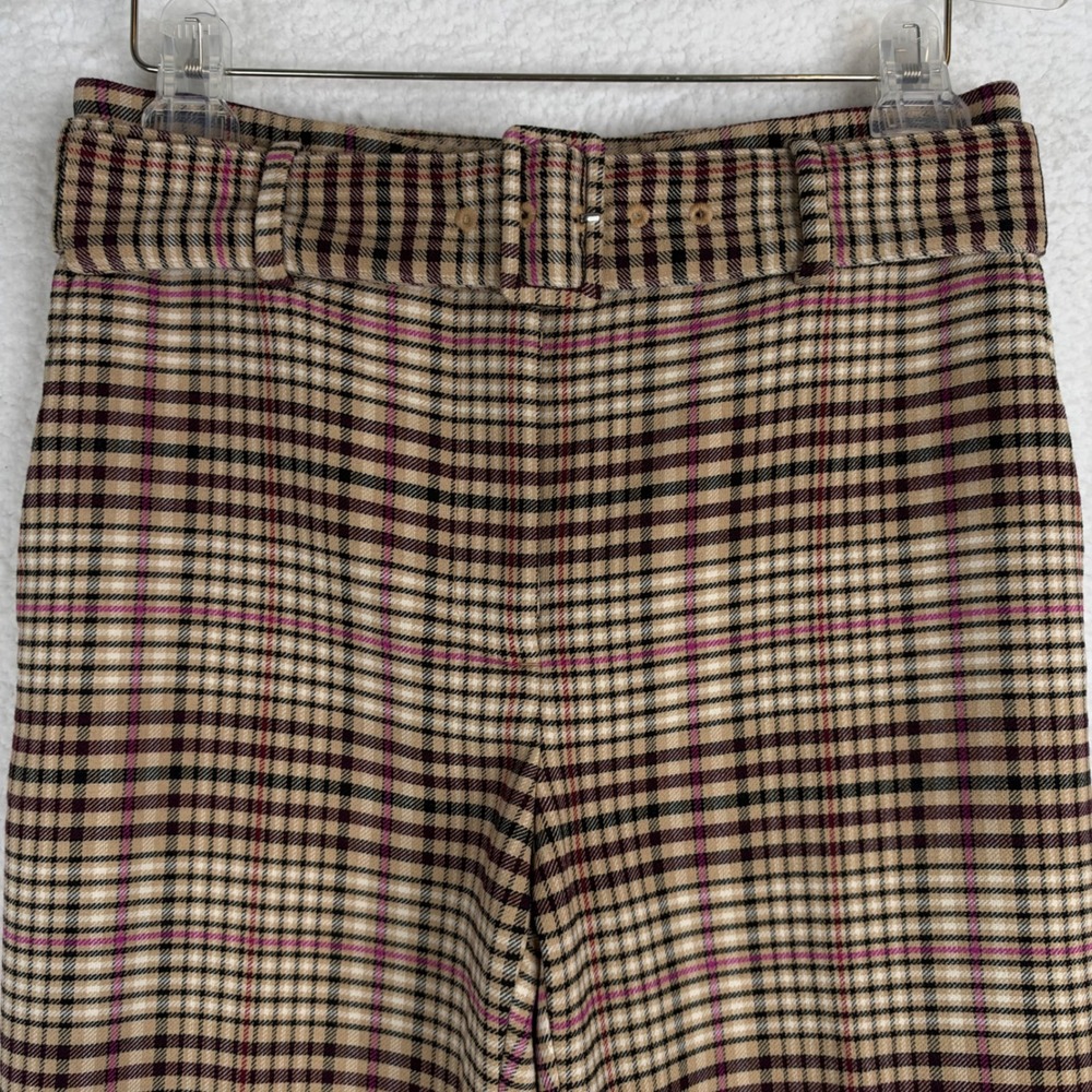 Ann Taylor Womens Size 2 Plaid Tapered Belted Trousers Tan Pink Black High Rise